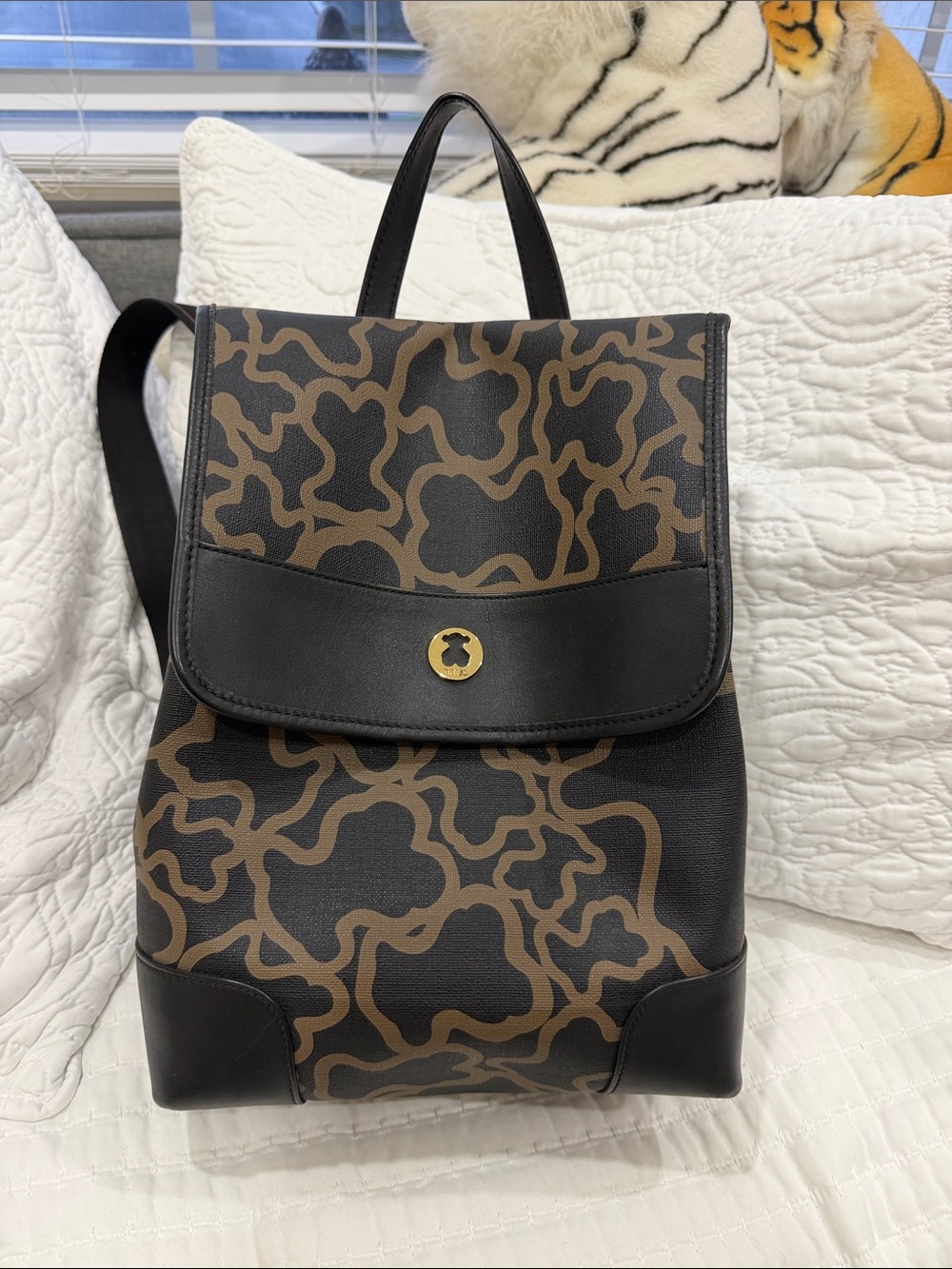 Tous Black and Brown Patterned Leather Backpack